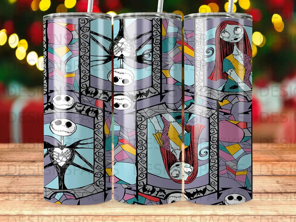The Nightmare Before Christmas characters Jack Skellington and Sally on a patterned tumbler.