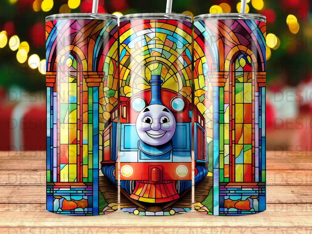 Stained glass depiction of Thomas the Tank Engine with arched windows and colorful glass.