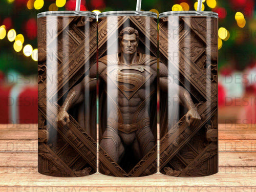 Superman in a carved wooden frame, full body, heroic pose.