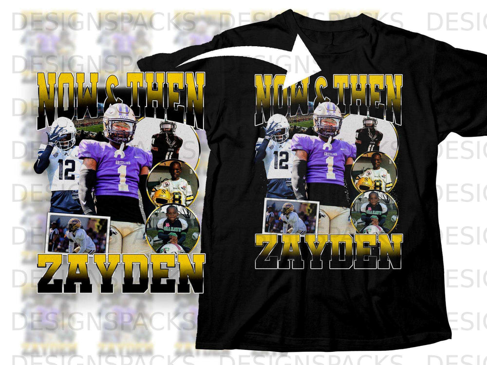 T-shirt featuring a football player, "NOW THEN ZAYDEN" text, and team graphics.