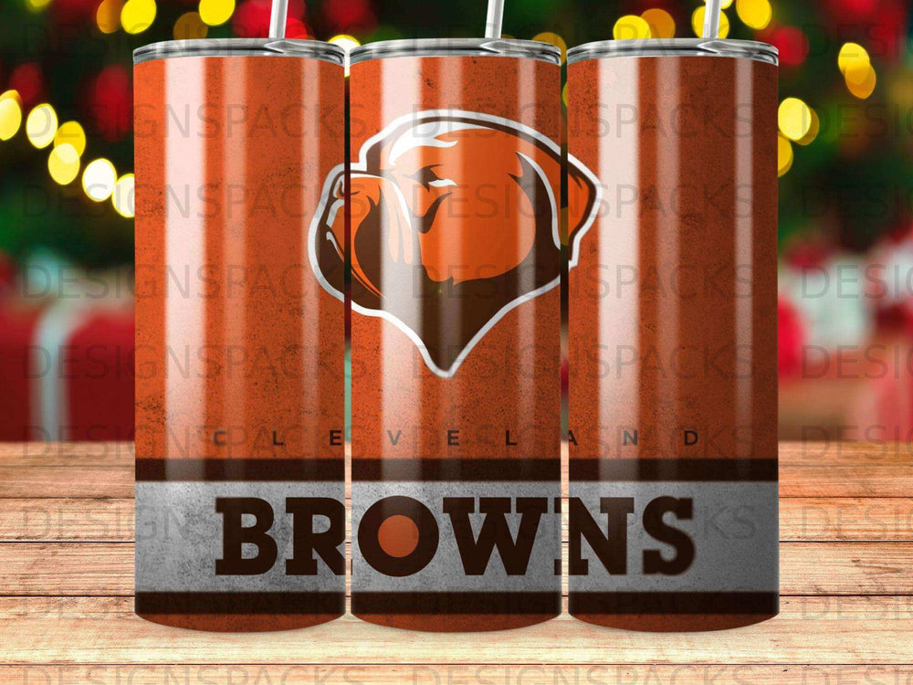 Cleveland Browns logo and "BROWNS" text on a patterned tumbler.