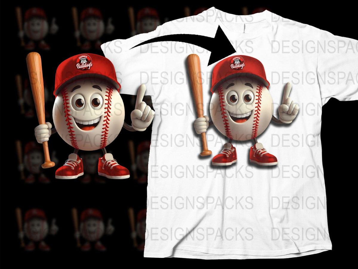 Baseball Cartoon Character T-Shirt, Funny Sports Mascot Tee, Red Hat, Youth and Adult Sizes Available