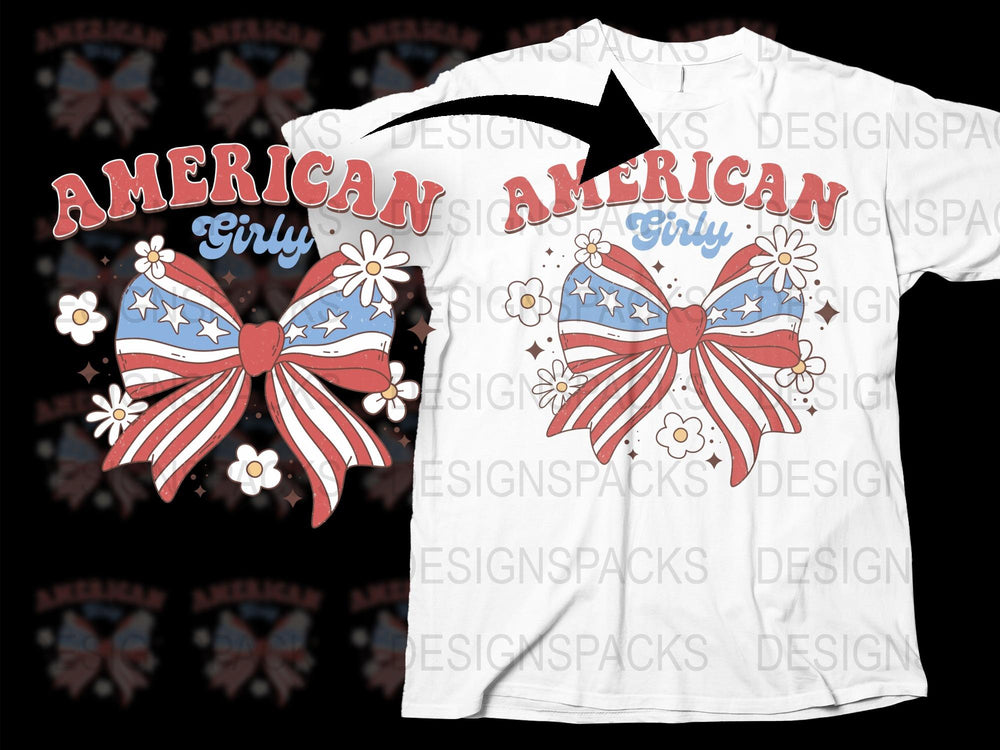 American Girl Patriotic T-Shirt, USA Flag and Flowers, Independence Day Apparel, Red White Blue