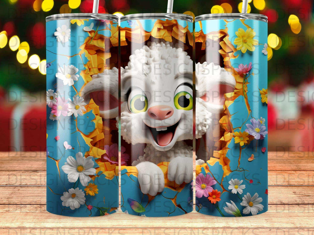 Cartoon sheep peeking through a blue wall with flowers.