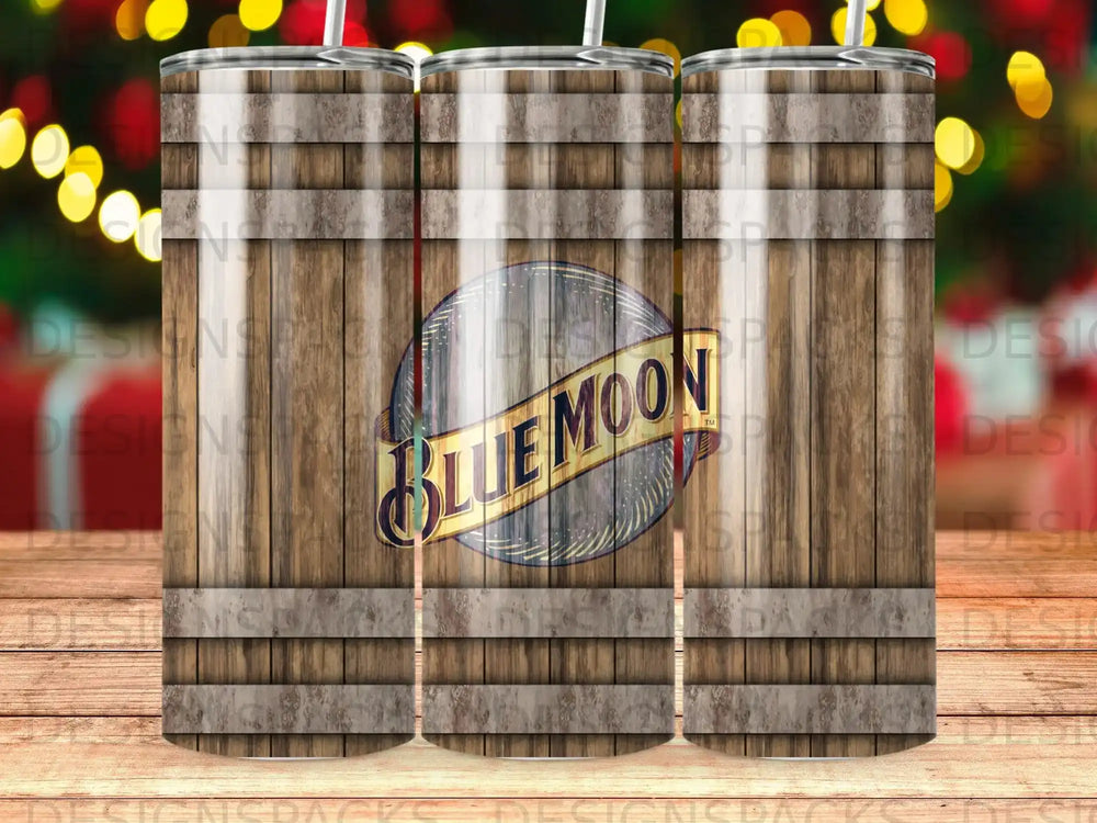 Wood-grain tumbler with Blue Moon logo.