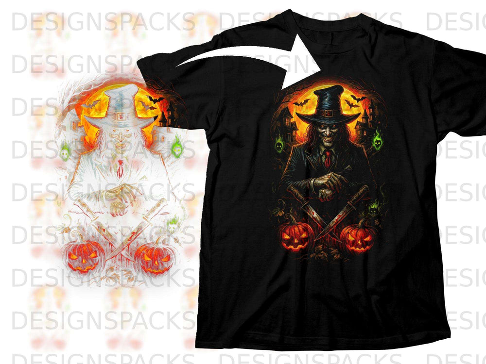 Black t-shirt with a Halloween graphic of a grim reaper, pumpkins, and haunted houses.