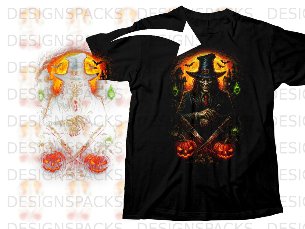 Black t-shirt with a Halloween graphic of a grim reaper, pumpkins, and haunted houses.