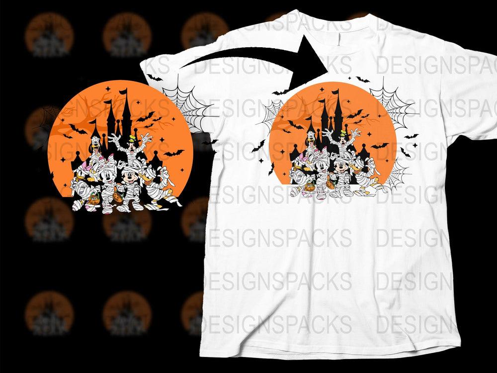 Halloween T-Shirt Haunted Castle and Ghosts Graphic Tee, Spooky Bats and Pumpkins, Unisex White Shirt