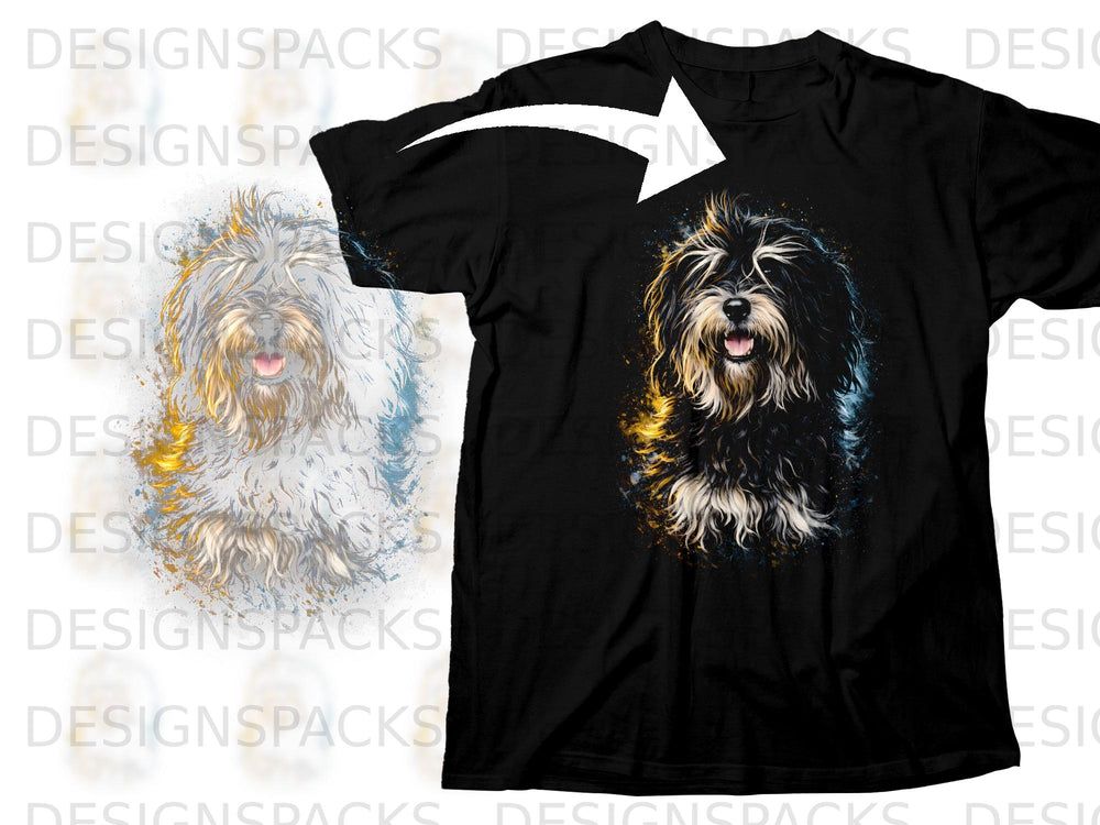 Black t-shirt with a colorful, abstract portrait of a shaggy dog.