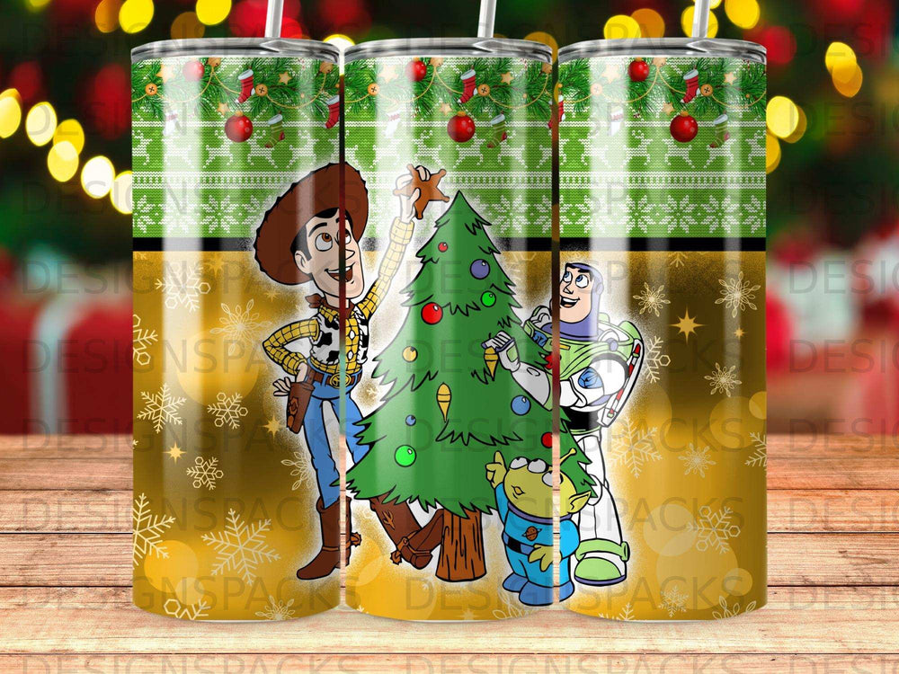 Toy Story characters decorate a Christmas tree with festive background.