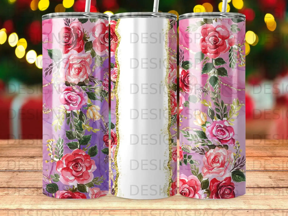 Floral pattern tumbler with gold accents and pink roses.