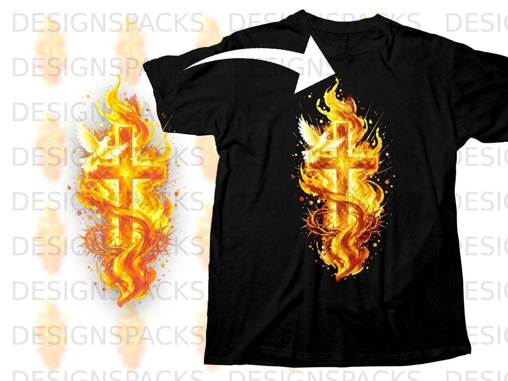 Black t-shirt with a fiery cross and dove graphic design.