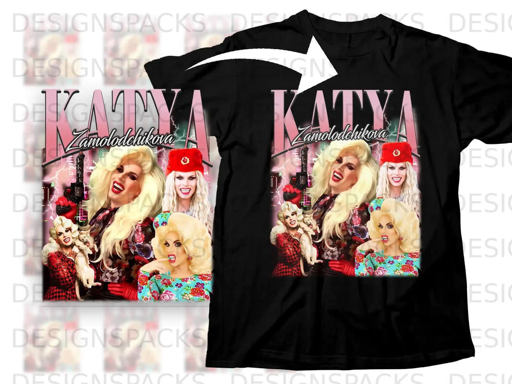 Katya Zamolodchikova with two dogs and a crown, on a black t-shirt.
