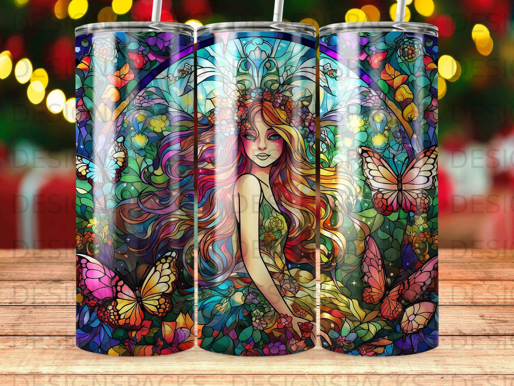 Stained glass tumbler with woman and butterflies.