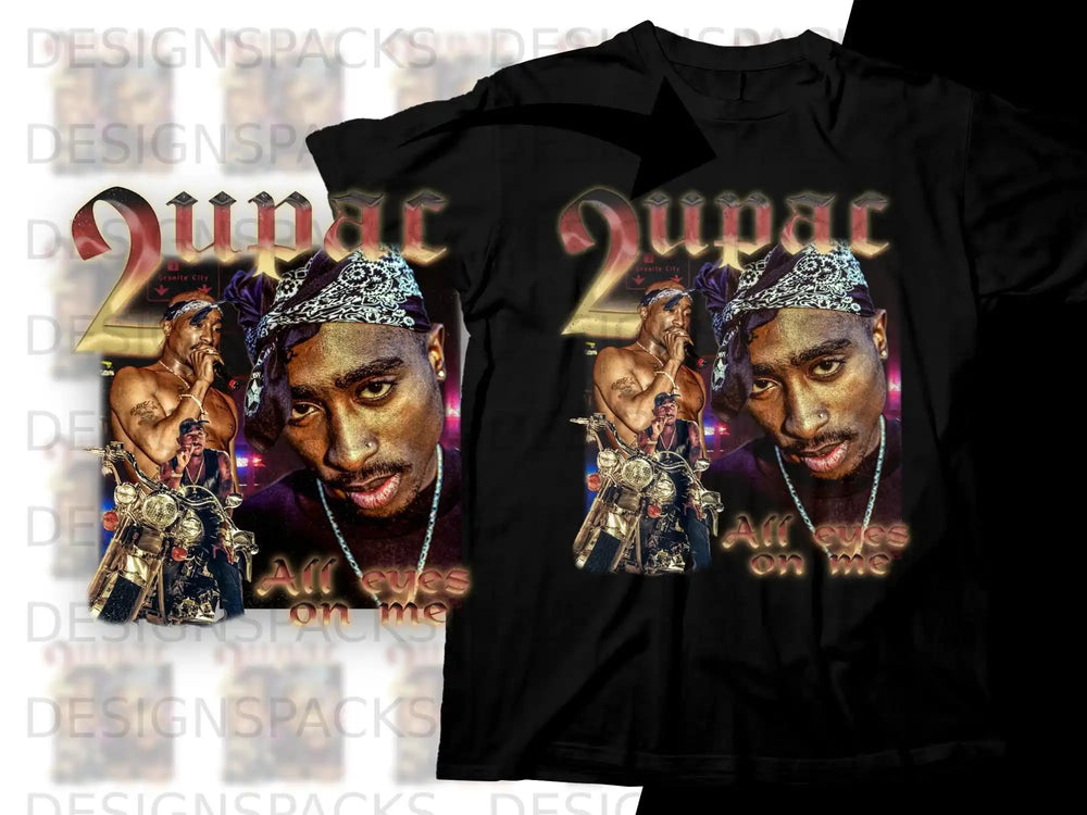 Tupac Shakur "All Eyes On Me" graphic tee with motorcycle detail.