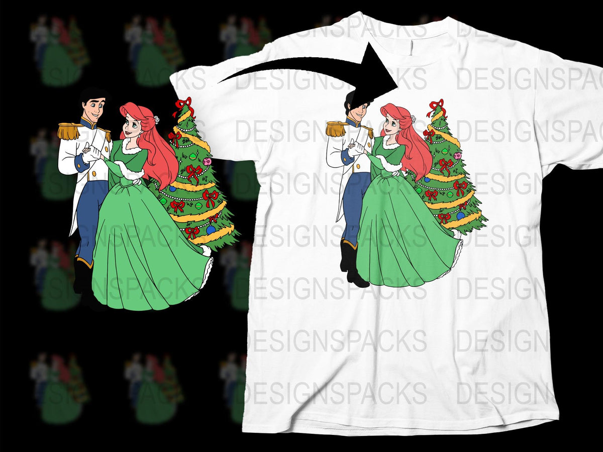 Disney Inspired Christmas T-Shirt, Ariel and Prince, Holiday Graphic Tee, Unique Christmas Gift, Festive Apparel, Xmas Cartoon Top