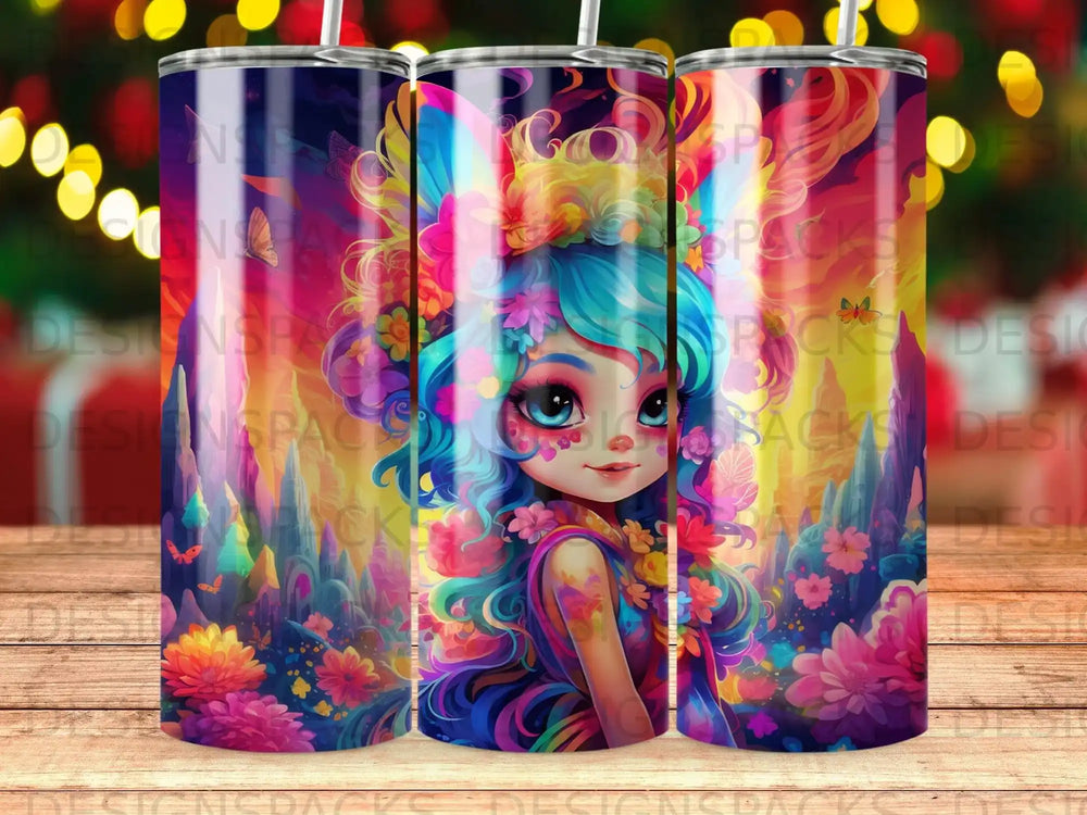 Whimsical girl with blue hair and floral crown on a colorful tumbler.
