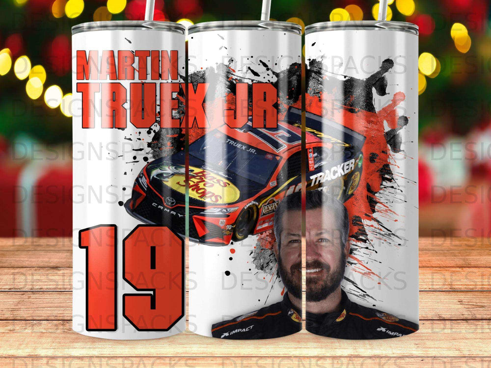Martin Truex Jr. racing tumbler with number 19 and sponsor logos.