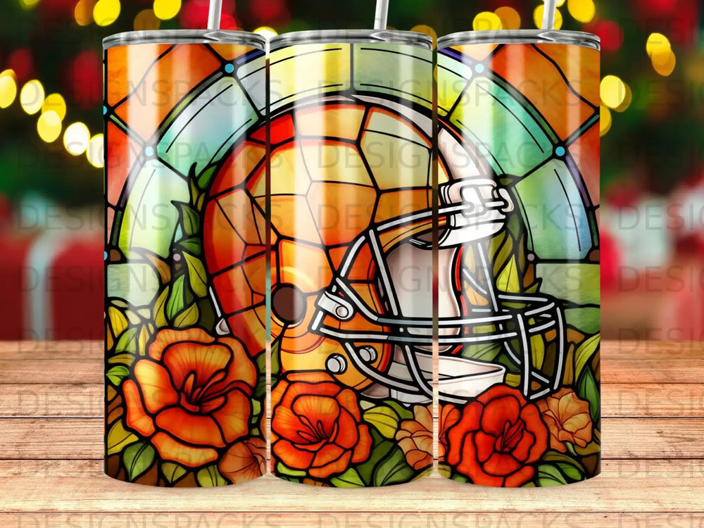 Football helmet with orange roses and stained glass pattern.