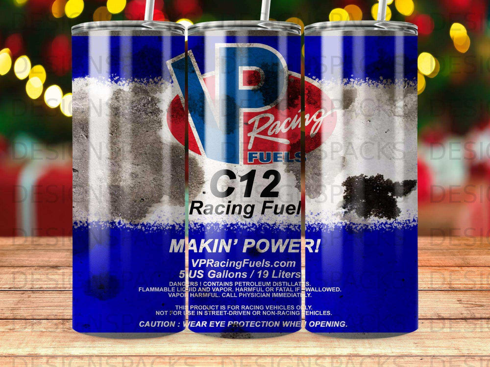 VP Racing Fuels C12 racing fuel tumbler with brand logo and warning text.