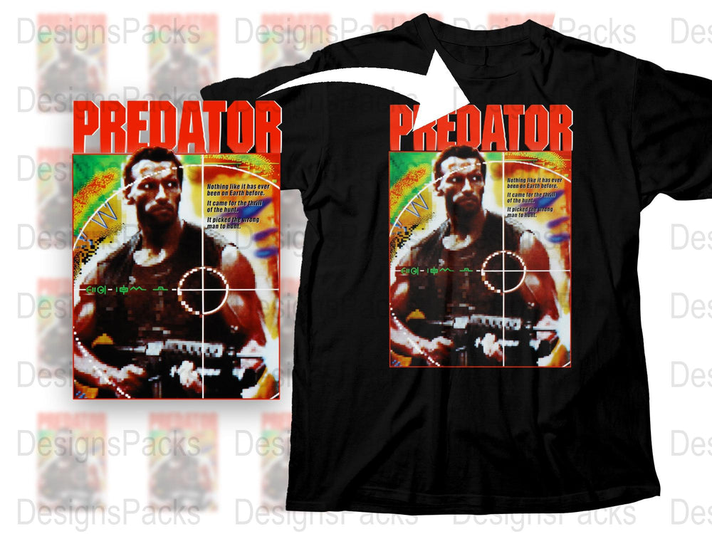 Predator Movie Graphic T-Shirt, Vintage 80s Action Film Tee, Retro Sci-Fi Shirt, Men's Black Cotton Top