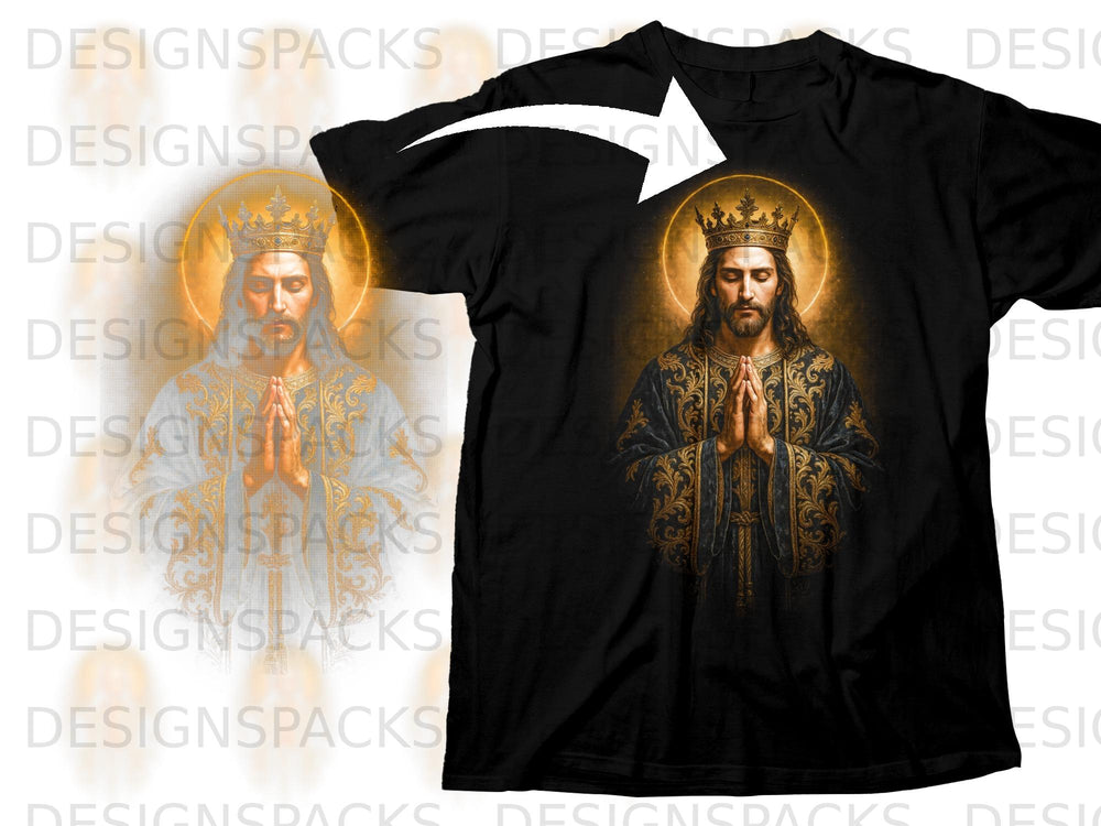 Black t-shirt featuring praying Jesus with crown and golden ornate robe.
