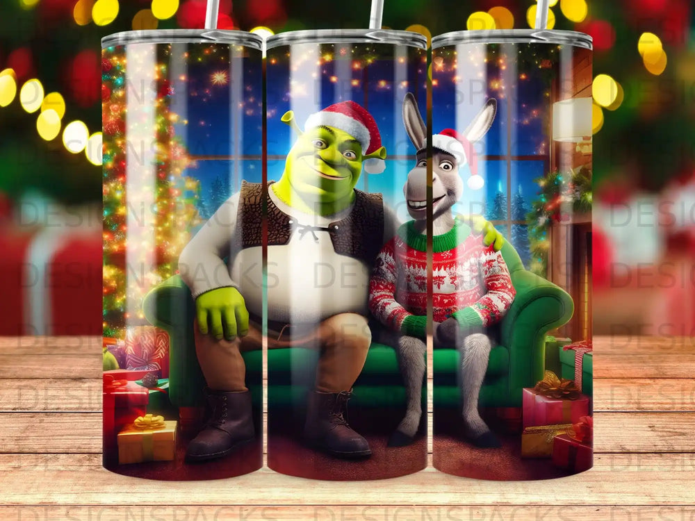 Shrek and Donkey in Christmas sweaters sitting on a couch with presents.