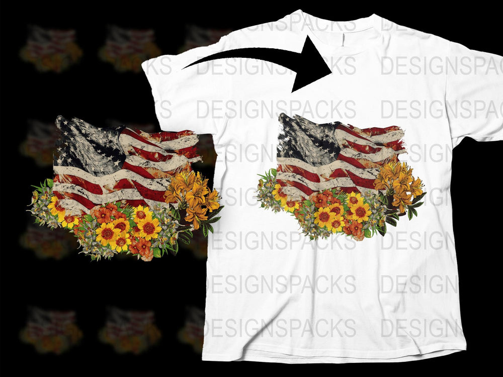 Patriotic American Flag Floral Wolf Design T-Shirt, Unique Floral Wolf Graphic Tee, Unisex Full Print Shirt