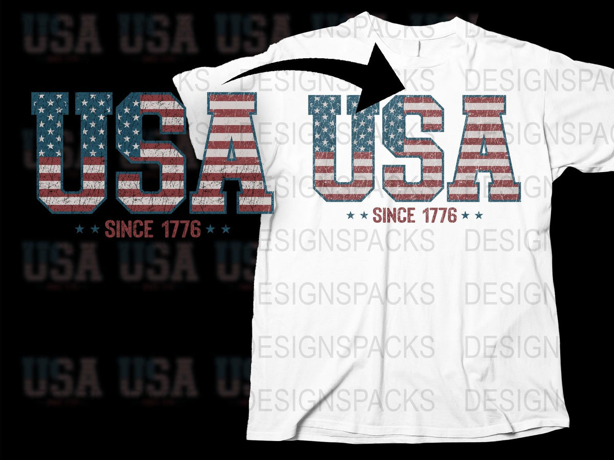 USA Flag Print T-Shirt, Patriotic Distressed Design, Since 1776, Unisex Fashion Top, American Pride Tee