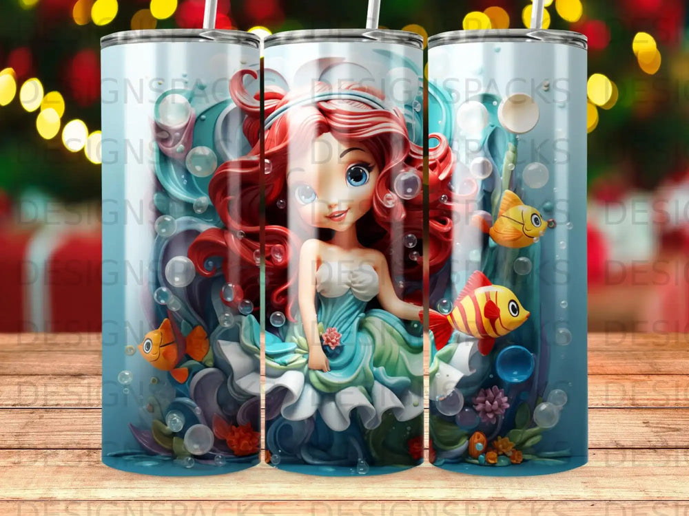 Ariel from The Little Mermaid swimming with fish and bubbles.