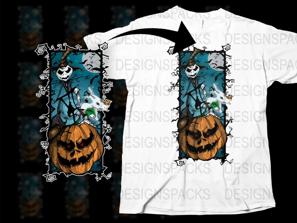 Halloween Pumpkin and Scarecrow Graphic T-Shirt, Unique Fall Festival Apparel, Spooky Cartoon Design Tee