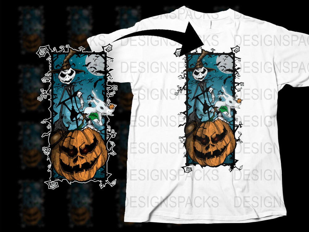 Halloween Pumpkin and Scarecrow Graphic T-Shirt, Unique Fall Festival Apparel, Spooky Cartoon Design Tee
