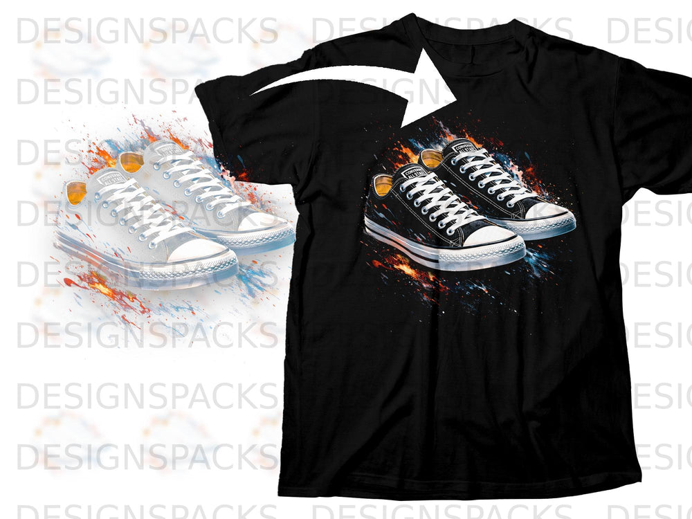 Black t-shirt featuring a graphic of black and white Converse sneakers with paint splatters.