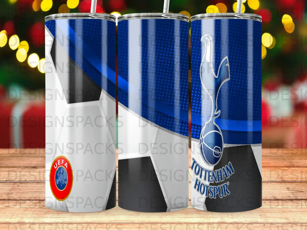 Tottenham Hotspur UEFA football club logo on a blue and white striped tumbler.
