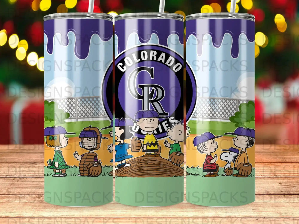 Colorado Rockies baseball team logo and characters on a purple tumbler.