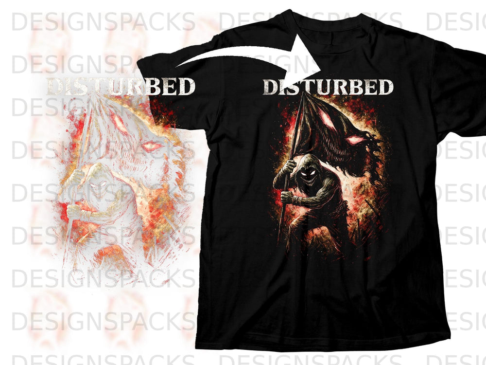 Black t-shirt with Disturbed band logo and artwork of a hooded figure holding a tattered flag.