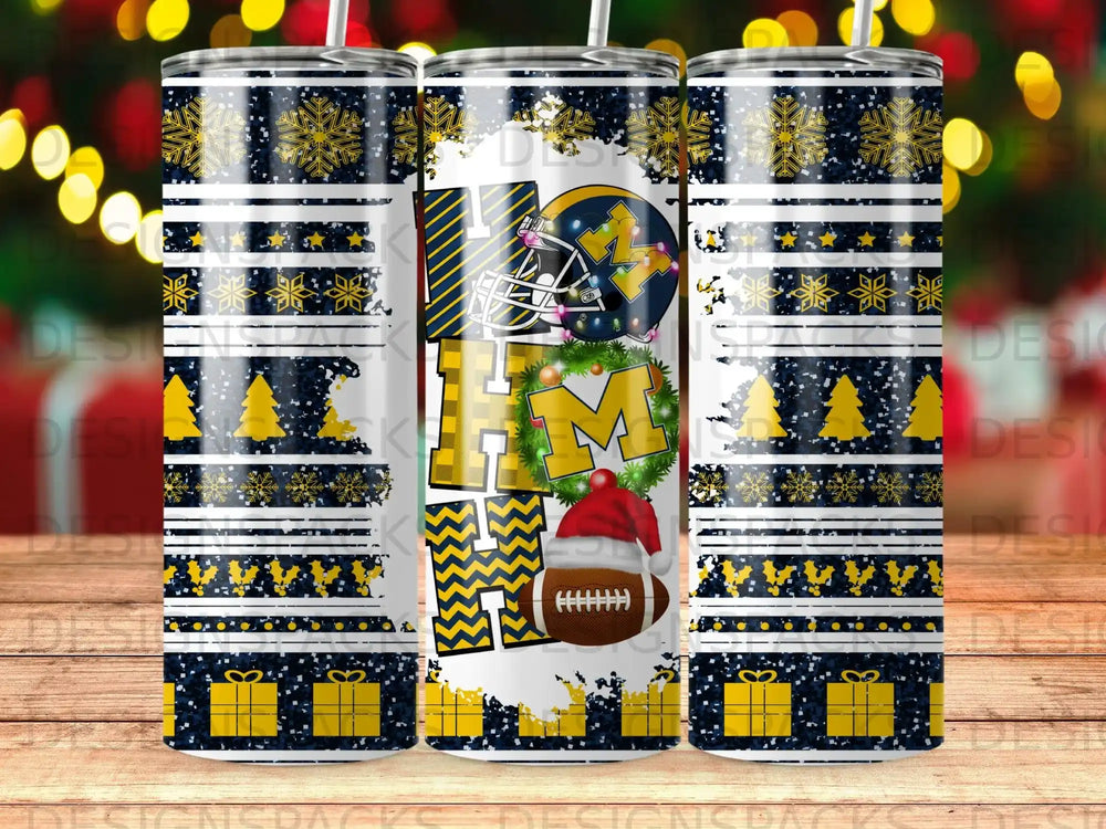 Tumbler wrap with "HO HO HO" text, Michigan Wolverines logo, and holiday graphics.