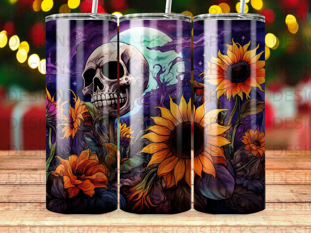 Skull and sunflowers against a dark, moonlit sky.
