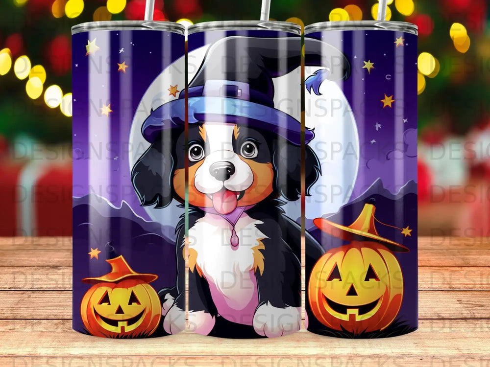 Bernese Mountain Dog in witch hat with pumpkins under full moon.