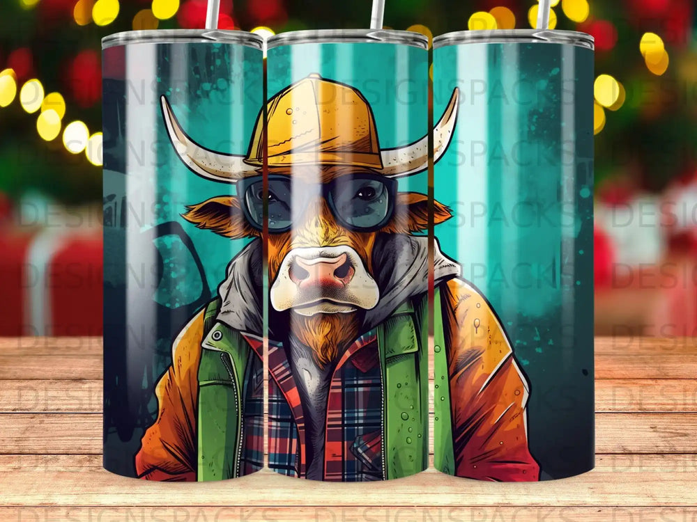 Cow wearing sunglasses and a hat, holding a colorful plaid shirt.