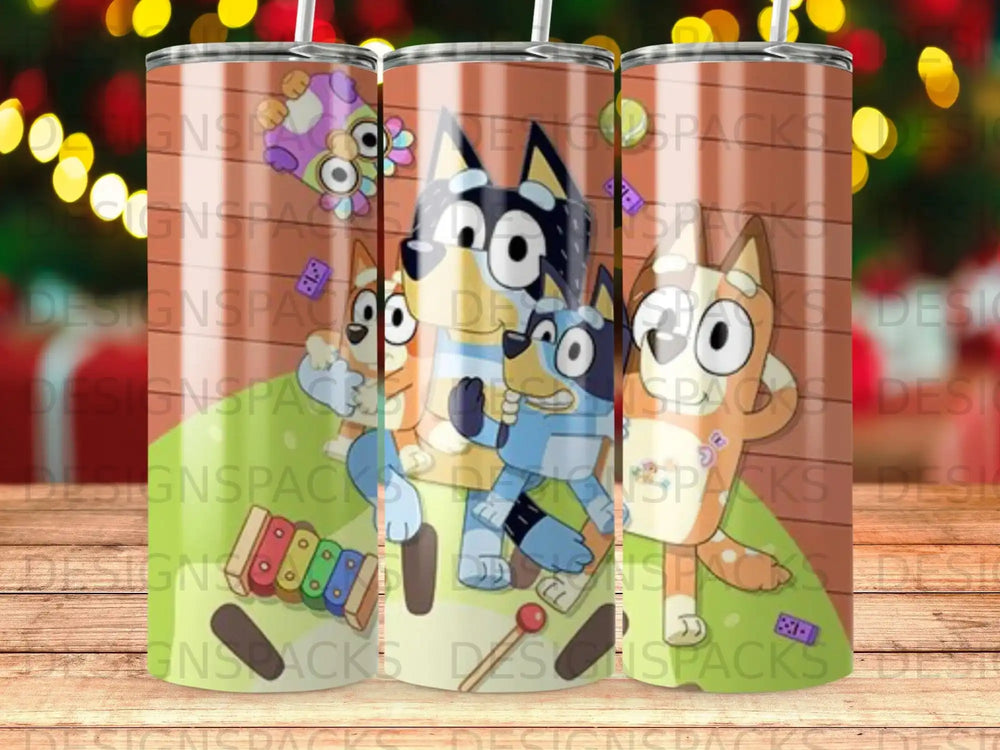 Bluey and Bingo characters on a tumbler with musical instruments.