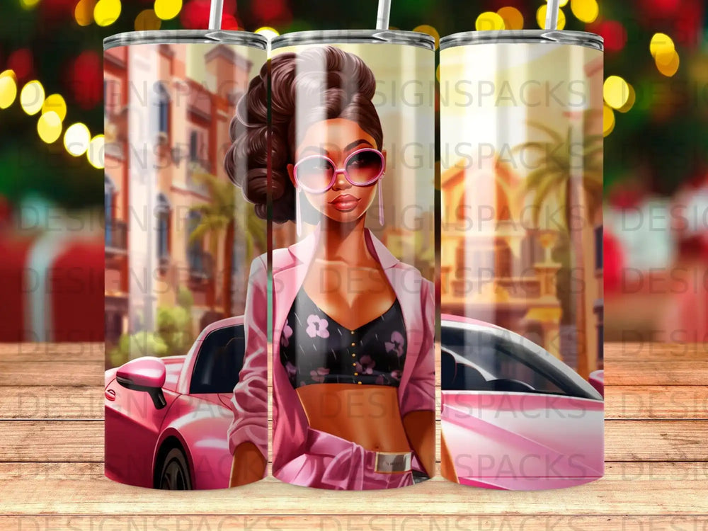 Woman in sunglasses and pink suit next to a pink car.