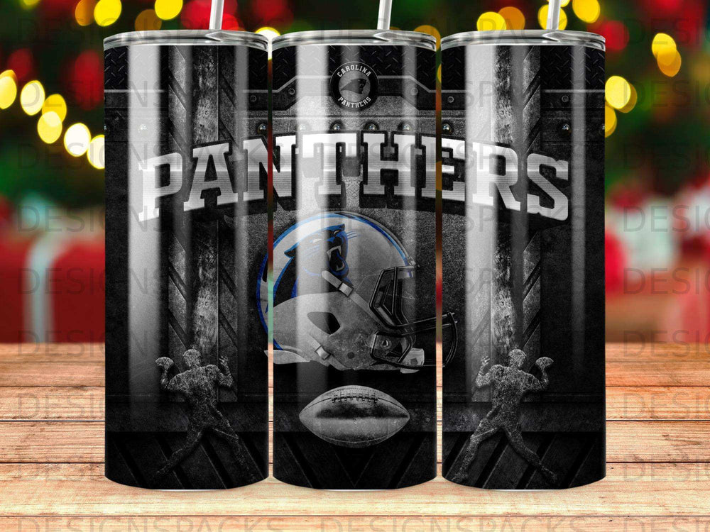 Carolina Panthers helmet and football on a black tumbler.