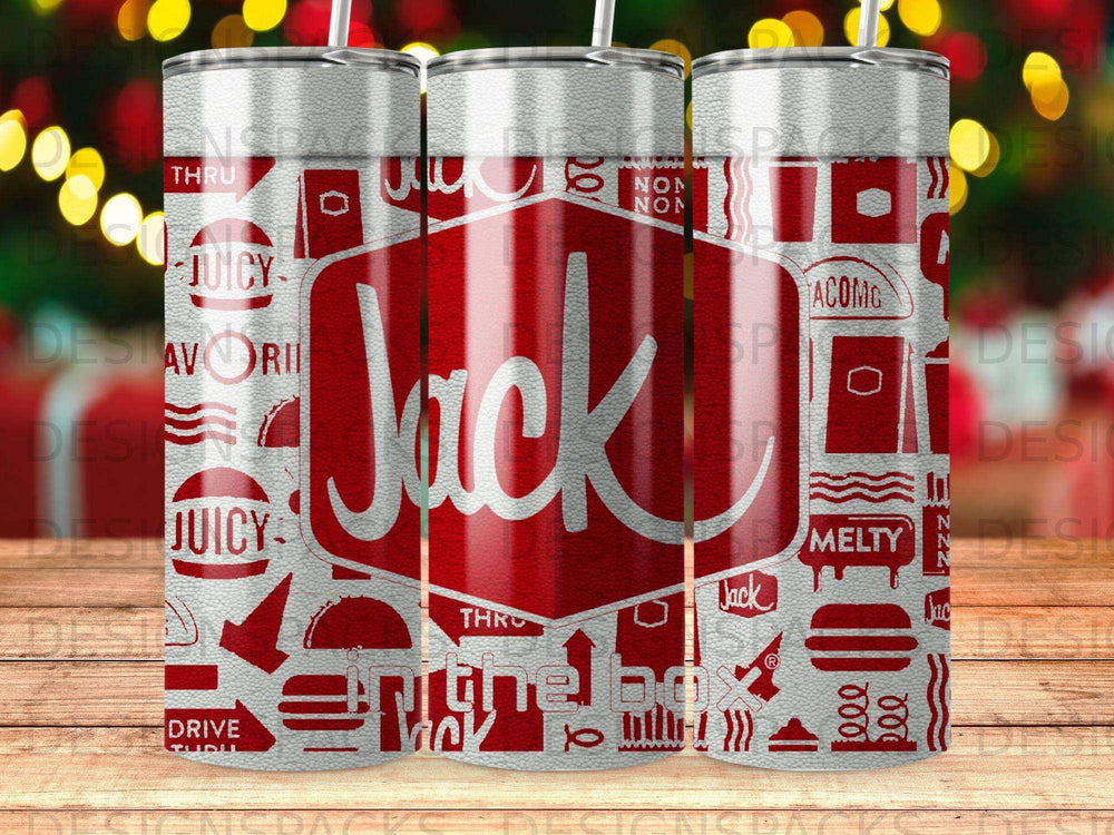 Three tumblers with red and white Jack in the Box branding and menu item graphics.
