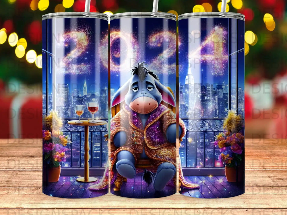 Eeyore in a sparkly robe sits on a chair with wine and fireworks.