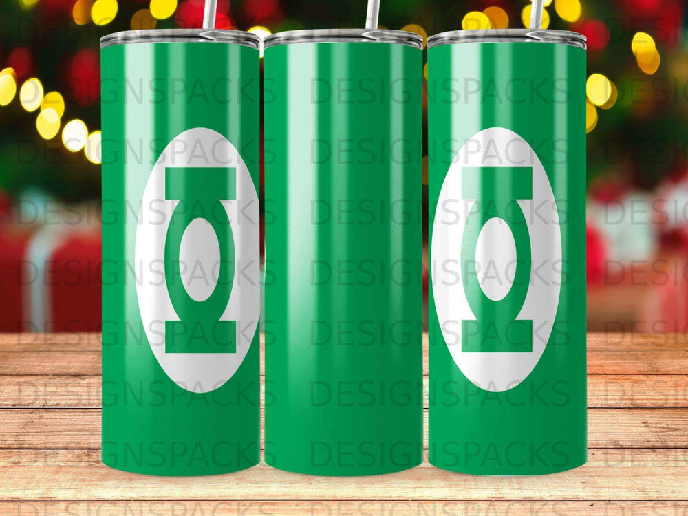 Green tumbler with repeating Green Lantern logo and "DESIGNSPACKS" watermark.