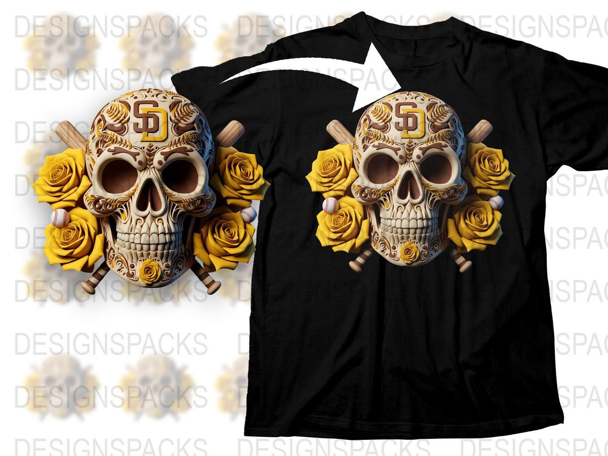 Day of the Dead Skull T-Shirt, San Diego Sports Fan Apparel, Floral Gothic Tee, Unisex Adult Clothing