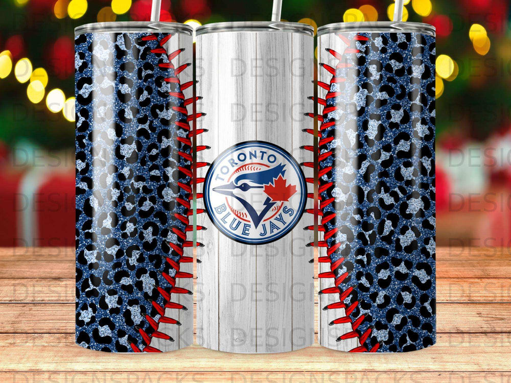 Toronto Blue Jays tumbler with baseball stitch and leopard print design.