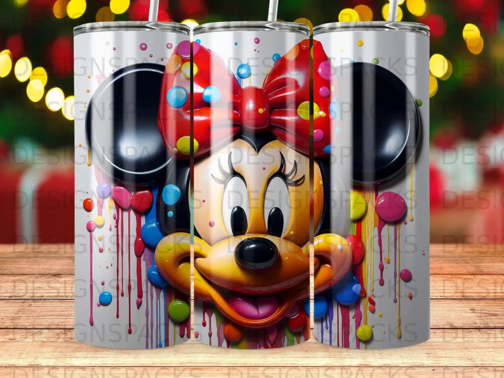 Minnie Mouse face with colorful dripping paint on a white background.