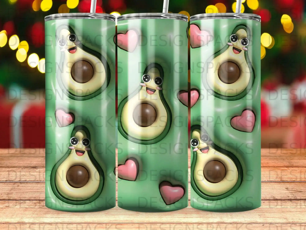 Three tumblers with cartoon avocados and pink hearts on a striped green background.